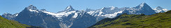 Le Wetterhorn, le Schreckhorn, le Fiescherhorn, l'Eiger et la Jungfrau (Depuis le Bachsee, Oberland bernois, Suisse)